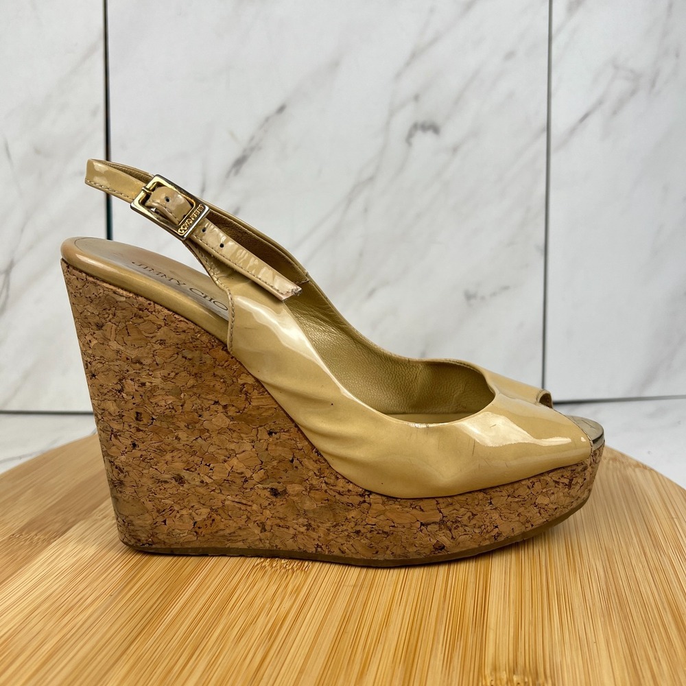 Jimmy Choo Prova Womens Size 6.5 EU 36.5 Yellow Patent Leather Cork Wedge Sandal